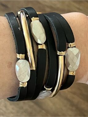 Black Leather Wrap Bracelet with Gold Accents and Faceted Stones